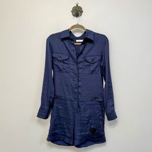 Vince Navy Blue Shorts Romper Long Sleeve Linen Blend Collared Women’s Size 0